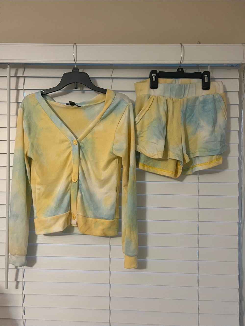 Love Tie-Dye Yellow & Light Blue Pajama Cardigan and Shorts Set Size S